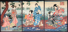 Load image into Gallery viewer, Utagawa Fusatane, Shining Prince & Companions at the Yatsu Bridge (1860)